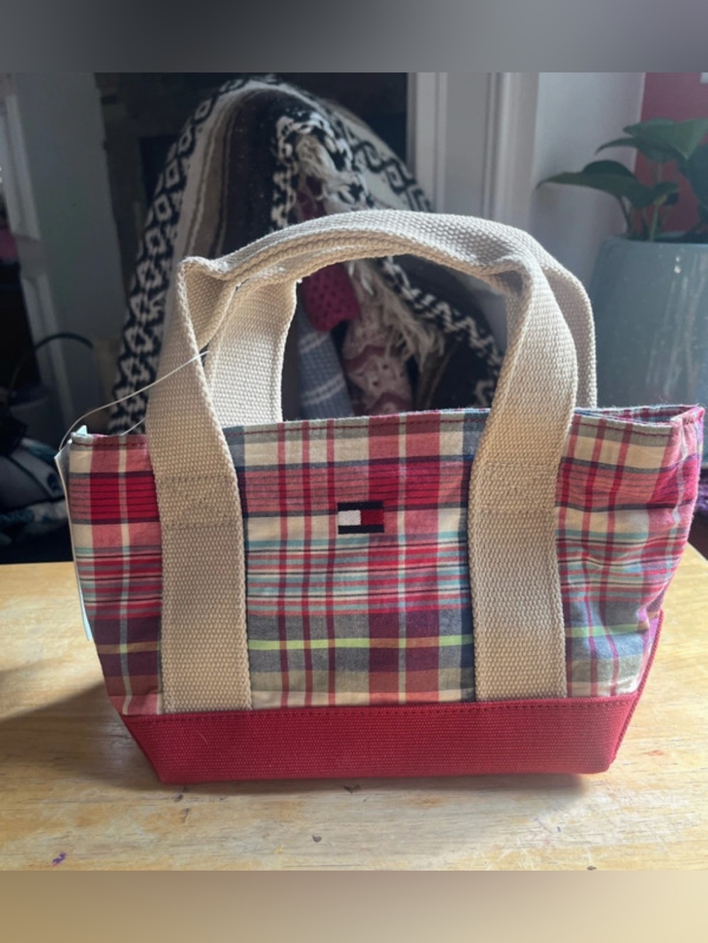 New-mini Tommy Hilfiger Red Plaid Canvas Tote Bag